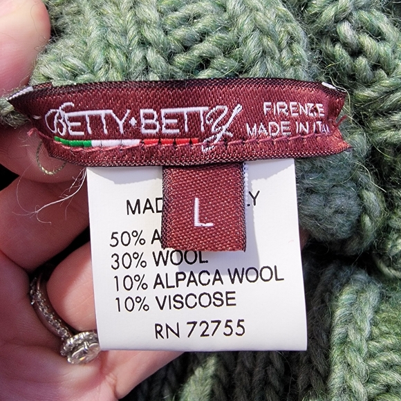 Betty Betty Wool Blend Fringe Poncho Turtleneck Sweater Green Chunky Knit L - Picture 7 of 13